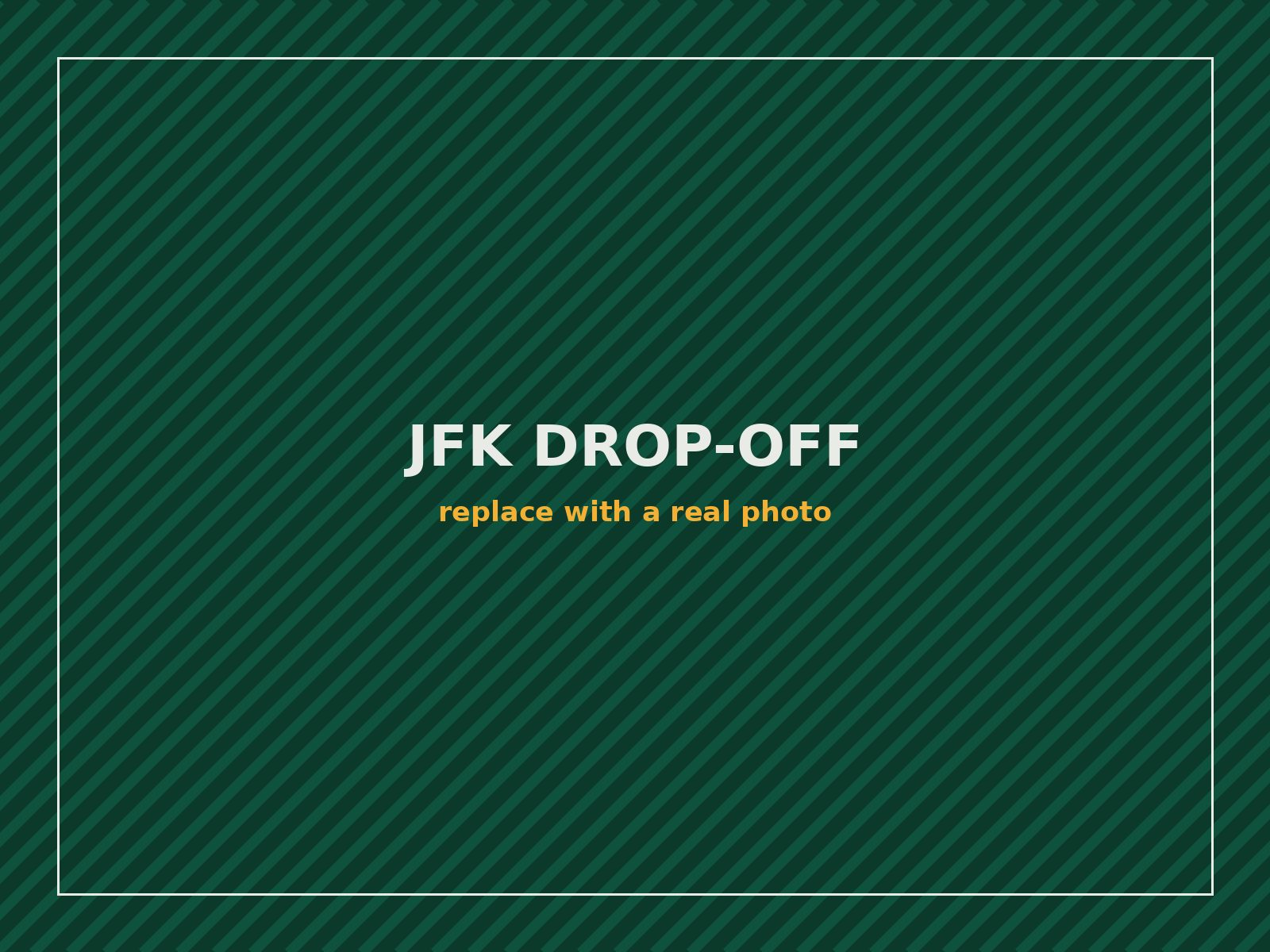 Curbside departures drop-off at JFK Airport terminal for a fixed rate private transfer from Monroe NY